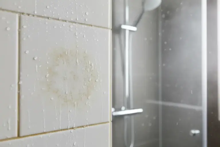 Missfärgad vit kakelplatta i dusch till följd av hög porositet
