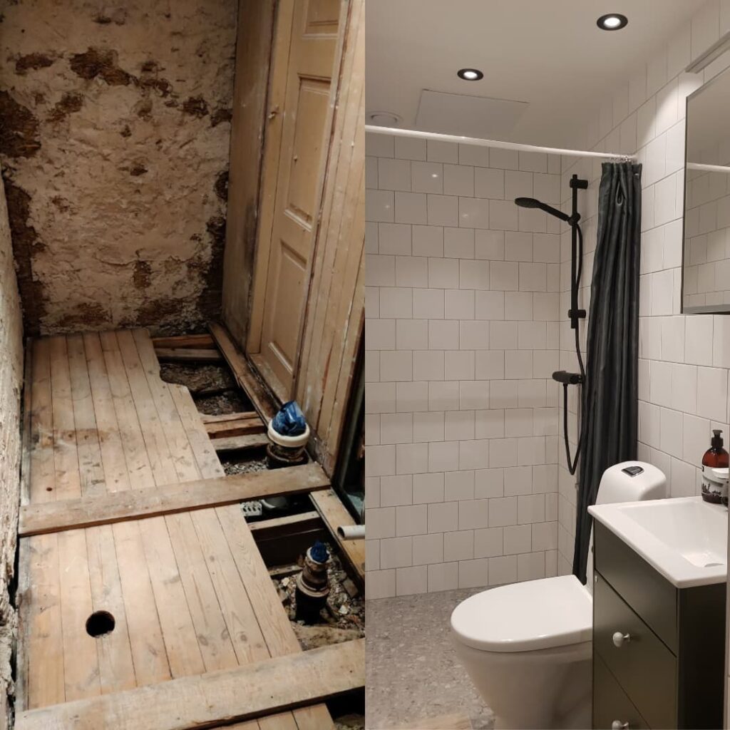 Badrum vid Sankt Knut före och efter — rivet ned till bjälklag till vänster, färdigt kaklat badrum till höger